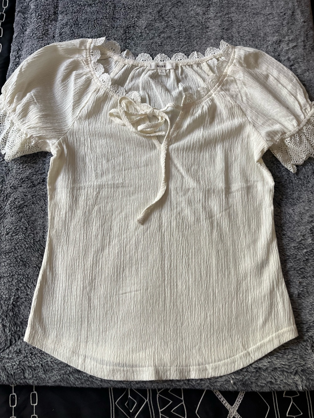 MINE Cream Textured Tie-Front Top with Crochet Trim